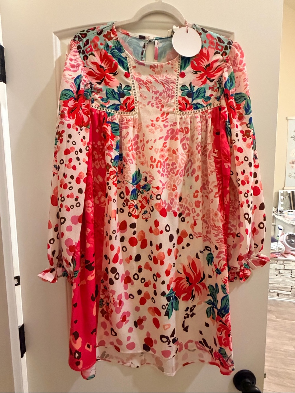 Umgee Pink Floral Mixed-Print Long Sleeve Dress